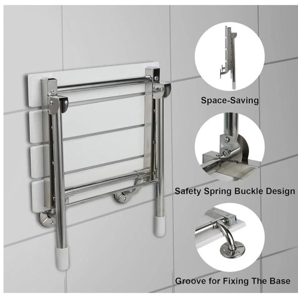 JCWANGDEFU Folding Wall-Mounted Shower Seat White 350 Lb Capacity Adjustable‎
